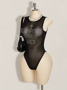 SHEIN ICON Áo liền thân lưới xuyên thấu in chữ dành cho nữ - màu đen - Xem 3