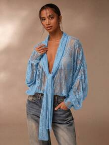 SHEIN Glamour Áo kiểu ren xuyên thấu, áo sơ mi ren màu nâu dành cho nữ - Màu xanh lam - Xem 3