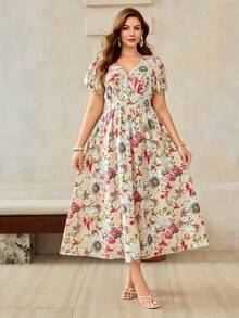 Roveilla Robe imprimée à encolure en V, taille froncée, drapée, pour grandes tailles, printemps/été - Nude - Voir 5