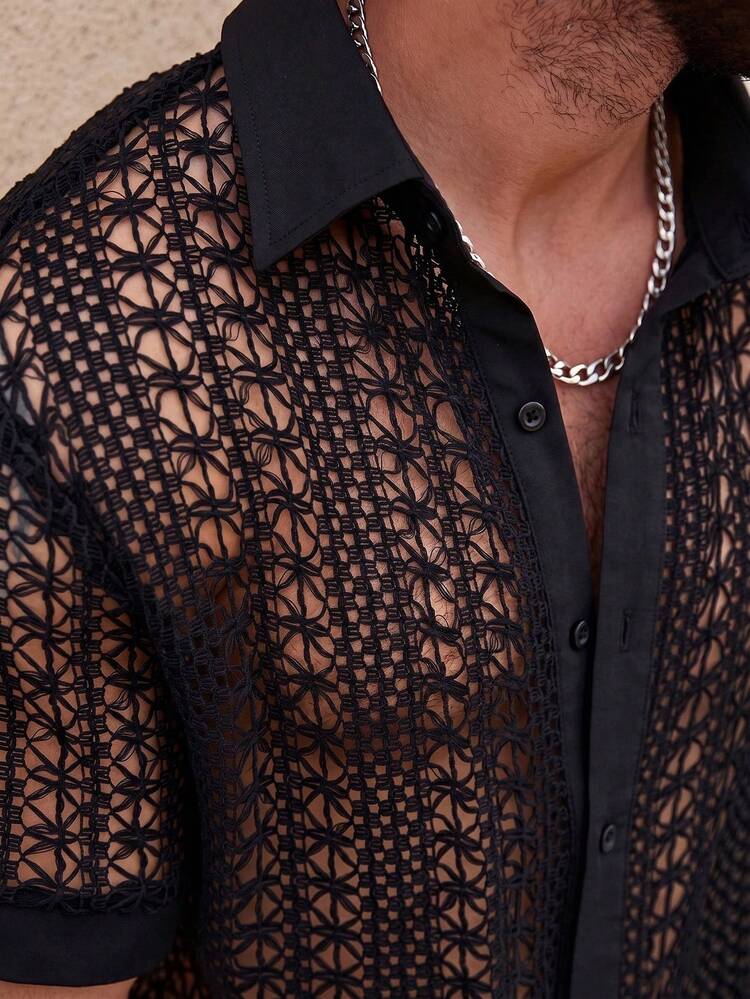 Manfinity RSRT Plus Size Men's Sexy Sheer Short Sleeve Shirt, Summer - Black - View 3