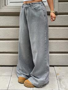 Dazy Plus Jeans larghi e dritti casual con stampa integrale e decorazioni in strass, per donna taglia comode, primavera/estate - Grigio - Visualizzare 5