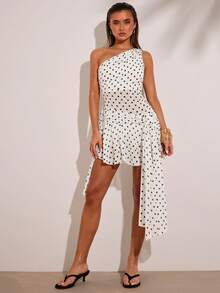 SHEIN BAE Robe à la mode avec volants à l'ourlet, imprimé à pois, sans manches pour femmes - Blanc - Voir 7