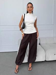 SHEIN Clasi Mock Neck Ruched Tank Top Summer Tops Mother's Day Vacation Outfits Women White Top - White - View 8