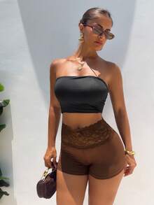 SHEIN SXY Women's Coffee Brown Lace Patchwork Super Shorts,High Waisted Bodycon Biker Shorts For Summer,Gym,Gay,Active Sport,Night Out Comfortable Gym Shorts - Brown - View 5