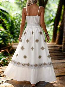 春夏波西米亚印花V领系腰A字连衣裙，女士休闲度假风 - 彩色 - 查看 2