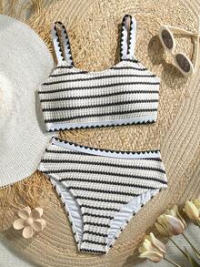 SHEIN 少女黑白条纹针织纹理贝壳边吊带比基尼套装，适合游泳、度假、夏季海滩穿着，儿童泳衣套装，夏季假期 - 黑與白 - 查看 4