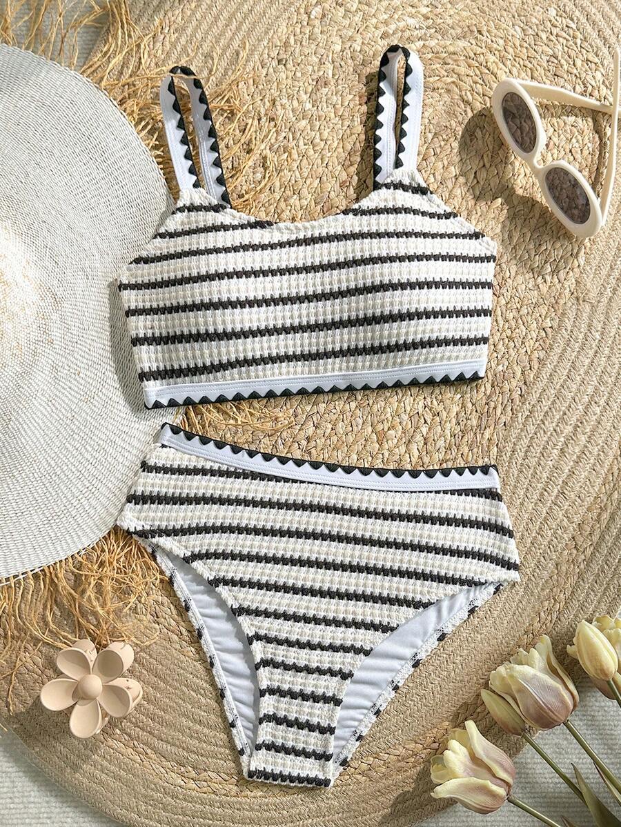 Tween Girl/Tween Girls' Black & White Striped Knit Texture Shell Trim Camisole Bikini Set, Suitable For Swimming, Vacation, Summer Beach Wear, Children Swimsuit Set, Summer Holiday - Black and White - View 1