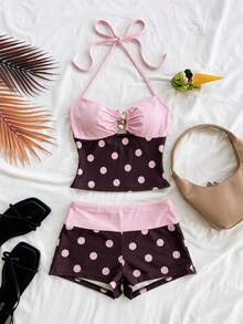 Soleia 女士夏季Y2K百搭休闲舒适针织波点拼接撞色露背迷你修身性感热辣上衣和短裤套装。适合度假、派对、约会、嘉年华、下午茶、海滩、邮轮、城市旅行、音乐节等多种场合。派对上衣、夏季上衣、女士夏季套装 - 彩色 - 查看 4