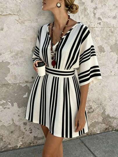 Breezaya Women's Striped, Fitted, Printed A-Line Casual Dress; V-Neck Dress; Women's Summer Dress; Women's Beachwear; Beach Dress; Summer Holiday Outfit; Striped Dress; Summer Vacation Outfit; Apricot Dress; Black Dress; Summer Vacation Dress; Elegant Dress; Women's Elegant Outfit; Women's Work Dress; Black Striped Dress; Striped Dress; Women's Commuting Outfit; Women's Country Style Dress; Women's Country Style Clothing; Country Concert Outfit; Women's Vacation Outfit; Holiday Dress.Sports,Luxury,Formal,Work Outfits For Women,Country Concert Outfit,Graduation Season Attire, Fashionable Casual Commuter Wear, Business Office Wear, Versatile And Stylish Everyday Casual Wear, Urban Teacher's Professional Attire