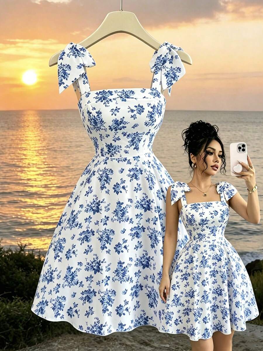 Elenzga Đầm chữ A thắt nơ vai họa tiết hoa nhí mới, đầm đi nghỉ mát thanh lịch, thoải mái với họa tiết hoa nhí, kiểu dáng tôn dáng. - Màu xanh lam - Xem 1