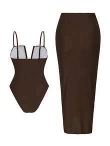 Swim Oasis 2pcs/Set Sexy Solid Color V-Neck Ruched Spaghetti Strap Bandeau One-Piece Swimsuit & Front Twist Split Beach Dress Set - Brown - View 2