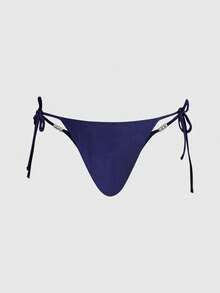 ROMWE Avant 2 pezzi Set da spiaggia di moda da donna, colore unito, top corto senza spalline e pantaloni con lacci laterali, decorazione con perle, elegante per San Valentino, festa in spiaggia, vacanza estiva, bikini sexy con schiena scoperta - Blu Navy - Visualizzare 6