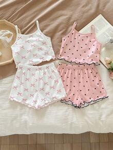 SHEIN Bộ đồ ngủ 8 món cho bé gái, màu trơn, họa tiết mây và nơ, gồm áo hai dây và quần short dệt kim, gồm áo hai dây và quần short. - Nhiều màu - Xem 9