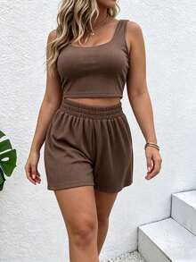 Plus Size Women Casual Vacation Style Cropped Tank Top And Shorts 2 Pieces Set - Brown - View 6