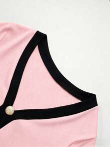 Franclia Women's Elegant French Style Knit Trim Front Button Short Sleeve Dress - Pink - View 3