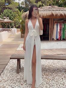 Bonvoyette Nouvelle combinaison de plage/couvre-maillot de bain une pièce élégante pour femmes, avec dos ouvert, nœud, plis et épais bretelles torsadées blanches, à la mode pour le printemps/été et les stations balnéaires - Blanc - Voir 1