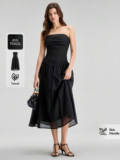 Ontre Women's Elegant Black Summer Party Dress,High-Quality Fabric,Fitted Top,A-Line Skirt,Waist Cinching,Business Casual Office Wear,Old-Money Style