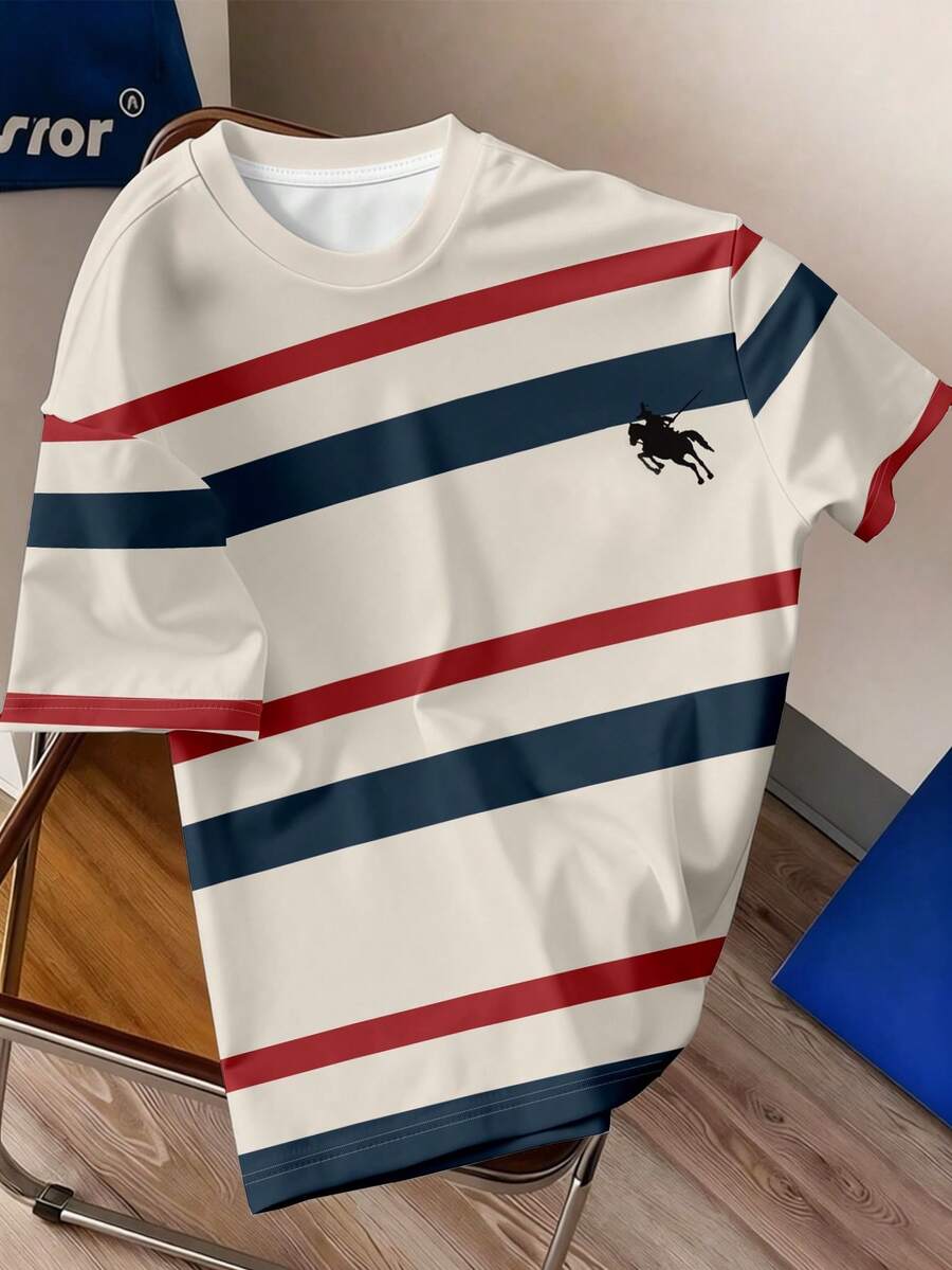 Manfinity RSRT 男士休闲度假通勤骑行条纹印花宽松短袖T恤，夏季 - 彩色 - 查看 1