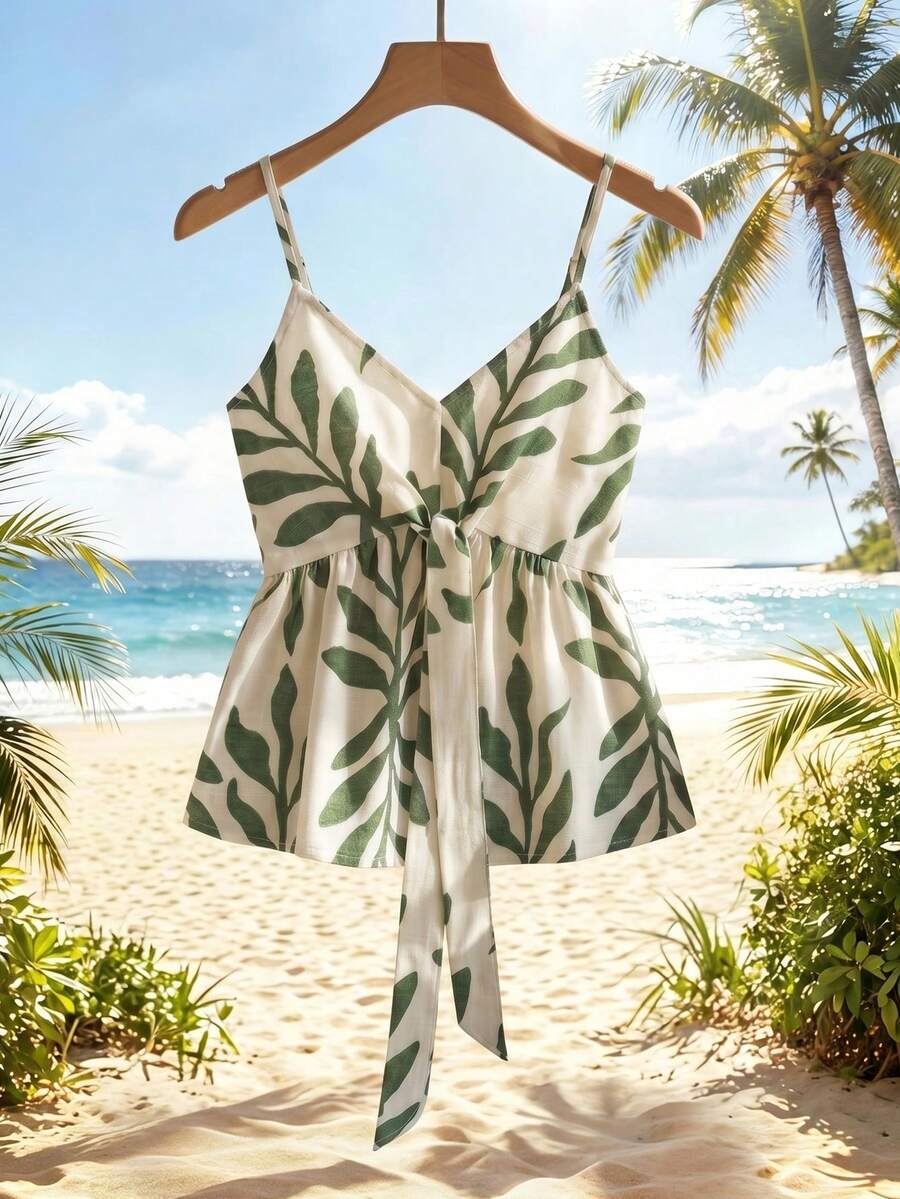 Mono de mujer con estampado de hojas verdes y cintura con lazo, adecuado para vacaciones y salidas, primavera/verano - Verde - Ver 1