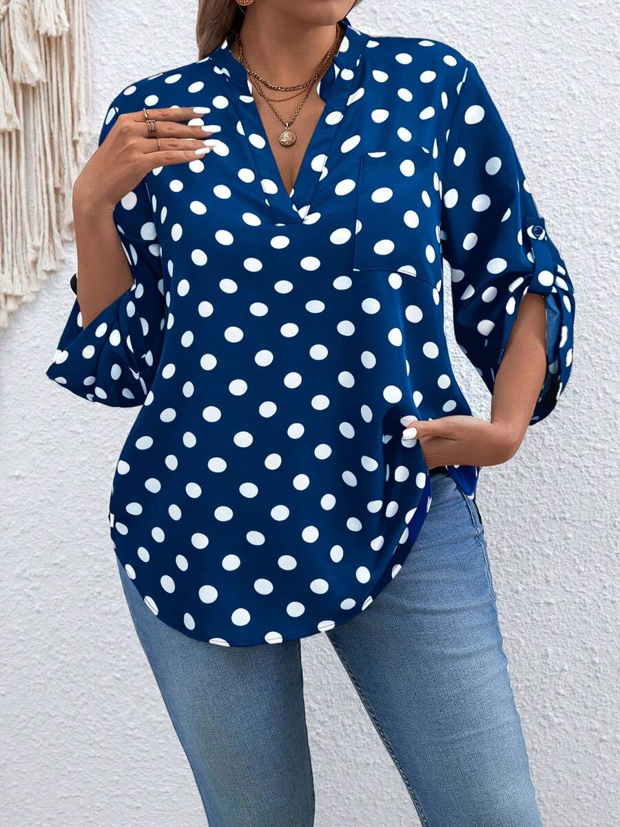 SHEIN Áo kiểu dáng cỡ lớn, cổ chữ V, tay dài, chấm bi, phong cách retro. - Màu xanh lam - Xem 1