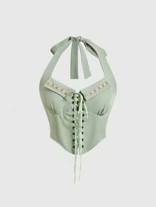 Sweetness Atasan Camisole Leher Halter dengan Tali Tenun Motif Bunga Pastel Seksi Romantis untuk Wanita, Cocok untuk Golf dan Musim Panas. - Hijau - View 1