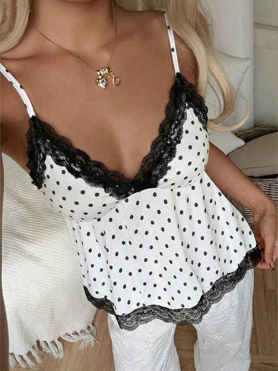 CovetEZ Women's Casual Chest Ruched Babydoll Lace Patchwork, Women's Autumn/Winter Leisure Camisole, Spring/Summer Top, Black & White Polka Dot Contrast Lace Camisole, Christmas Top, Polka Dot Top, Sweet Polka Dot Top, Black & White Polka Dot Lace Patchwork Camisole Spring - Multicolor - View 1