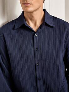 Officeau Men's Casual Basic Ribbed Ribbed Textured Fabric Button-Up Long Sleeve Collared Shirt - Navy Blue - View 7