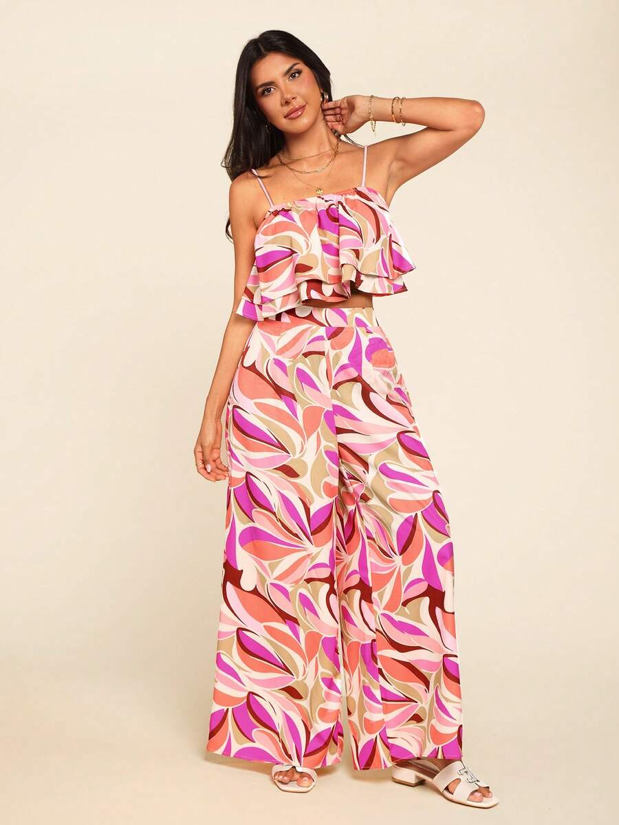Coeurva Conjunto de 2 piezas de top de tirantes con volantes y pantalones de pierna ancha con estampado todo sobre todo para vacaciones de mujer - Morado - Ver 1