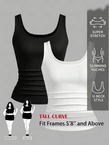 SHEIN Tall CURVE CURVE Plus Size Women's Tall Girls Pleated Scoop Neck Tank Top,High-Waisted Vest,Black And White,Summer,Smart Casual,Everyday Holiday Outfit - Black and White - View 2