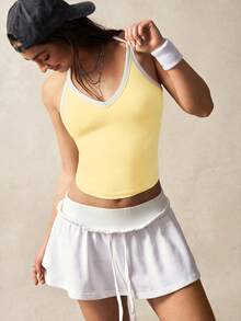 VARSIVA Áo tank top nữ mùa hè kiểu dáng thể thao thường ngày, viền tương phản, kiểu racerback, dáng ngắn. - Màu vàng - Xem 6