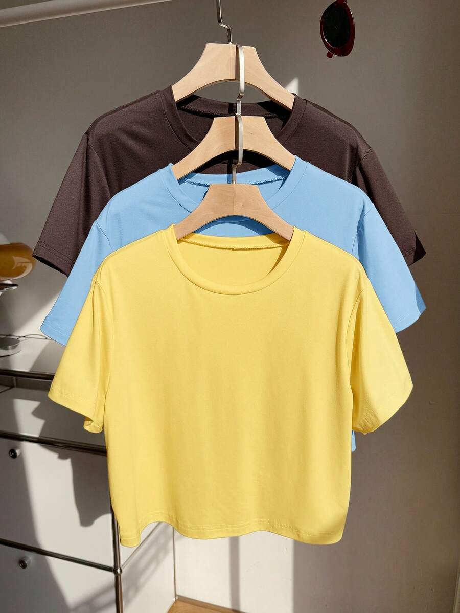 Comfortcana 3pcs/Set Plus Size Basic Crew Neck Short Sleeve Colorful T-Shirts - Multicolor - View 1