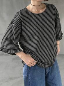 FRIFUL Women's Casual Striped Loose T-Shirt, Versatile For Spring And Summer - Grey - View 5