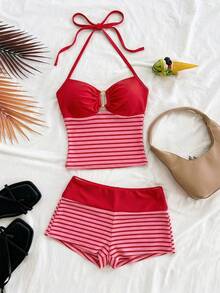 Soleia 两件套度假休闲条纹针织纹理金属扣吊带露脐上衣和短裤套装，适合派对、情人节、约会之夜、夜店、波西米亚风、复古风、假日等场合。 - 紅色 - 查看 7