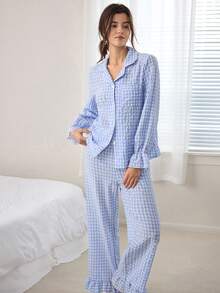 Ocili 波西米亚风印花棉质灯笼袖女士睡衣套装 - 藍白色 - 查看 5