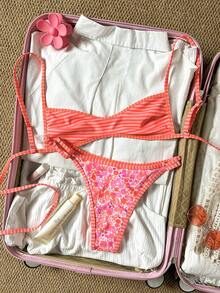 SHEIN Swim Mod 女士沙滩套装，橙色花卉条纹双面印花，可翻转的超迷你比基尼抹胸上衣，时尚休闲度假可爱性感女士泳装套装 - 彩色 - 查看 5