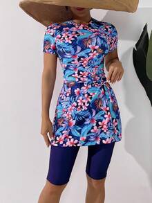 Swim Mulvari Đồ bơi Burkini tay ngắn, xếp ly, họa tiết hoa nhiệt đới ngẫu nhiên, có dây rút, dành cho nữ, thích hợp cho kỳ nghỉ hè ở bãi biển. - Nhiều màu - Xem 6