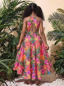 SHEIN 少女热带植物印花无袖露背雪纺连衣裙，优雅简约风格，适合春夏度假休闲穿着 - 彩色 - 查看 1