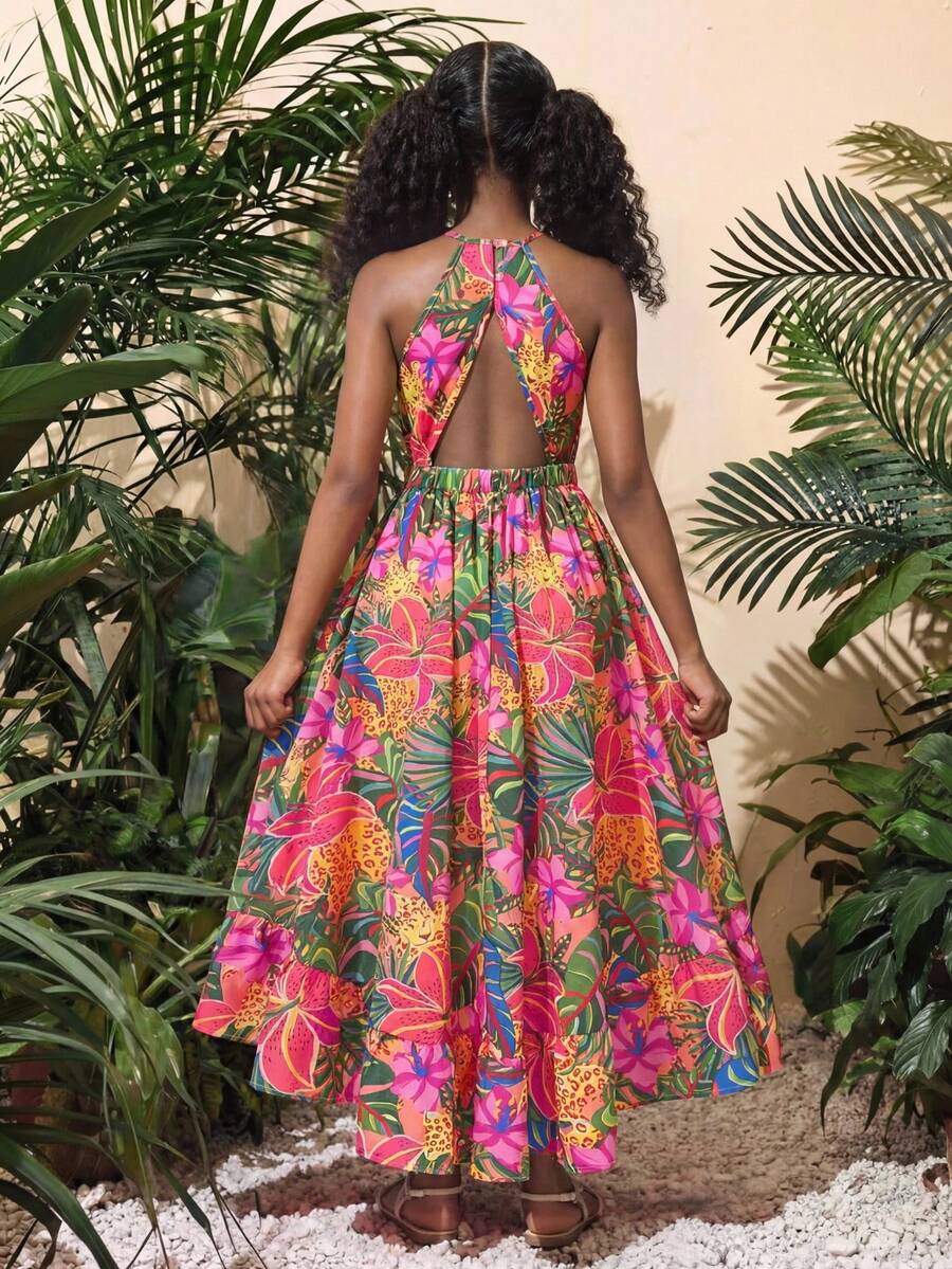 SHEIN 少女热带植物印花无袖露背雪纺连衣裙，优雅简约风格，适合春夏度假休闲穿着 - 彩色 - 查看 1