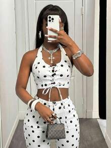 SHEIN Slayr Women's Polka Dot Denim Sexy Halter Top - Black and White - View 3