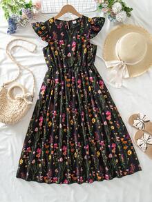 SHEIN Girls' Printed Floral Pattern Cap Sleeve Cinched Waist Dress - Multicolor - View 5
