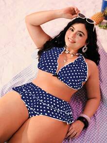 Swim Mod 大码女式两件套黑色波点印花挂脖系带性感沙滩度假比基尼泳装 - 藏蓝色 - 查看 1
