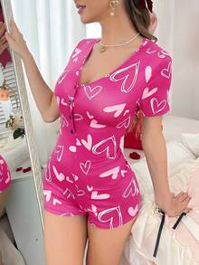 SHEIN 心形图案女士睡衣连体裤 - 玫紅色 - 查看 5