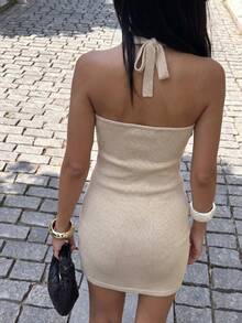 Selianne 女士优雅精致音乐节迷你性感吊带串珠紧身毛衣连衣裙 - 杏色 - 查看 2