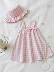 SHEIN Baby Girls' Casual Cute Pink Plaid Dress, Versatile For Summer - Pink - View 1