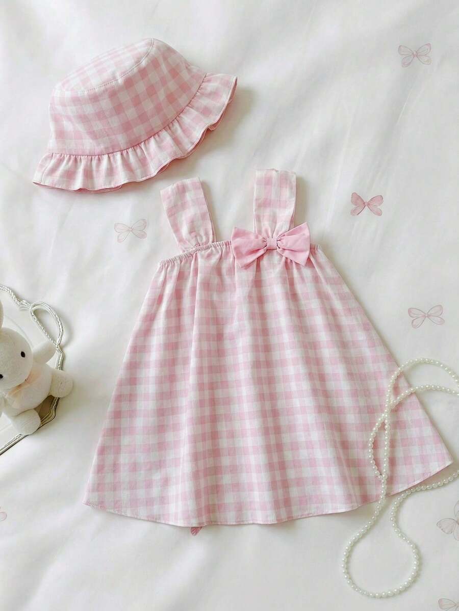 SHEIN Baby Girls' Casual Cute Pink Plaid Dress, Versatile For Summer - Pink - View 1