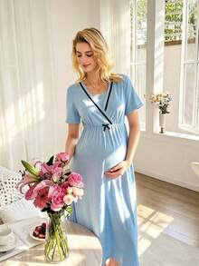 Moonlight&Mama BloomMama 天蓝色休闲宽松黑色撞色滚边孕妇连衣裙，家居服 - 淺藍色 - 查看 5