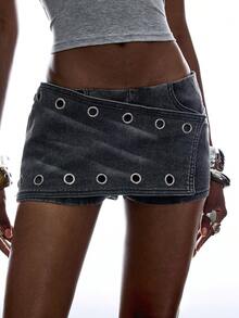 LYSMO Women's Fashionable Versatile Denim Skort With Chicken Eye Design - Black - View 6