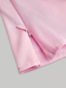 Olithes 女士夏季短袖衬衫，不对称领口，左肩褶皱设计，前腰系带配金属扣，收腰效果，百搭T恤版型，缎面质感面料，侧拉链，风格百搭，优雅商务休闲浪漫风 - 粉色 - 查看 7