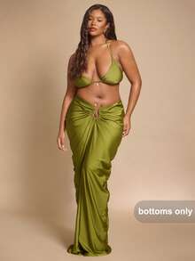 SHEIN BAE Falda de mujer talla grande verde oliva con decoración metálica, elegante para vacaciones de verano, fiesta en la playa, graduación, cumpleaños Y2K de curvas, tela de punto - Verde - Ver 5
