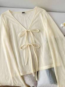 SHEIN LUNE Women's Casual Lace-Up Sheer Cream Yellow Blouse - Beige - View 5